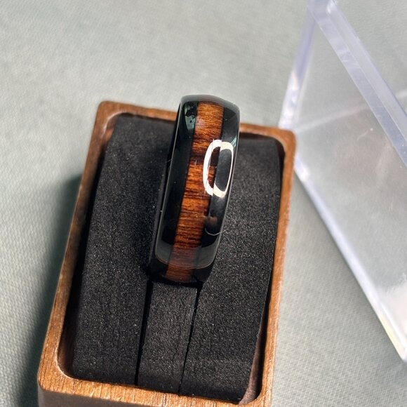 Black Tungsten Koa Ring for Men - Picture 2 of 7